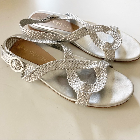 Stuart Weitzman Teodora Silver Braided Leather Womens Sandals - Picture 5 of 8